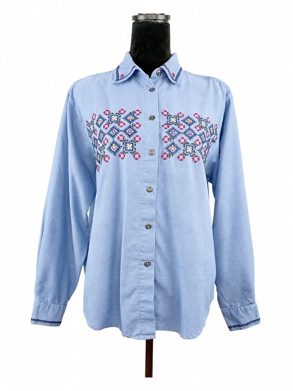 Vintage Koret City Blues Floral Embroidered Button Front Shirt Size Medium
